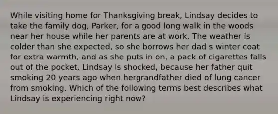 While visiting home for Thanksgiving break, Lindsay decides to take the family dog, Parker, for a good long walk in the woods near her house while her parents are at work. The weather is colder than she expected, so she borrows her dad s winter coat for extra warmth, and as she puts in on, a pack of cigarettes falls out of the pocket. Lindsay is shocked, because her father quit smoking 20 years ago when hergrandfather died of lung cancer from smoking. Which of the following terms best describes what Lindsay is experiencing right now?