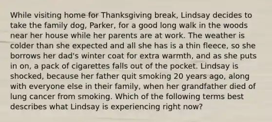 While visiting home for Thanksgiving break, Lindsay decides to take the family dog, Parker, for a good long walk in the woods near her house while her parents are at work. The weather is colder than she expected and all she has is a thin fleece, so she borrows her dad's winter coat for extra warmth, and as she puts in on, a pack of cigarettes falls out of the pocket. Lindsay is shocked, because her father quit smoking 20 years ago, along with everyone else in their family, when her grandfather died of lung cancer from smoking. Which of the following terms best describes what Lindsay is experiencing right now?