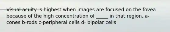 Visual acuity is highest when images are focused on the fovea because of the high concentration of _____ in that region. a- cones b-rods c-peripheral cells d- bipolar cells