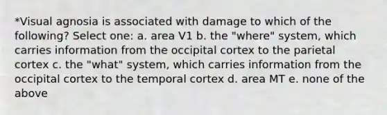 *Visual agnosia is associated with damage to which of the following? Select one: a. area V1 b. the "where" system, which carries information from the occipital cortex to the parietal cortex c. the "what" system, which carries information from the occipital cortex to the temporal cortex d. area MT e. none of the above