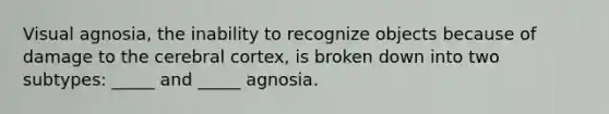 Visual agnosia, the inability to recognize objects because of damage to the cerebral cortex, is broken down into two subtypes: _____ and _____ agnosia.