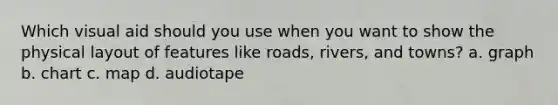 Which visual aid should you use when you want to show the physical layout of features like roads, rivers, and towns? a. graph b. chart c. map d. audiotape