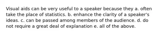 Visual aids can be very useful to a speaker because they a. often take the place of statistics. b. enhance the clarity of a speaker's ideas. c. can be passed among members of the audience. d. do not require a great deal of explanation e. all of the above.