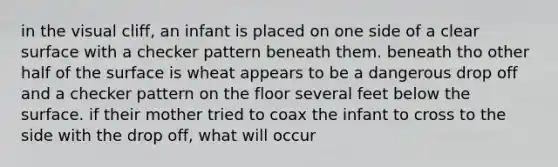 in the visual cliff, an infant is placed on one side of a clear surface with a checker pattern beneath them. beneath tho other half of the surface is wheat appears to be a dangerous drop off and a checker pattern on the floor several feet below the surface. if their mother tried to coax the infant to cross to the side with the drop off, what will occur