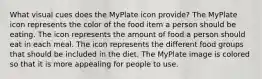 What visual cues does the MyPlate icon provide? The MyPlate icon represents the color of the food item a person should be eating. The icon represents the amount of food a person should eat in each meal. The icon represents the different food groups that should be included in the diet. The MyPlate image is colored so that it is more appealing for people to use.