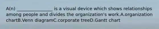 A(n) ________________ is a visual device which shows relationships among people and divides the organization's work.A.organization chartB.Venn diagramC.corporate treeD.Gantt chart