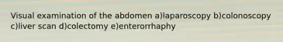 Visual examination of the abdomen a)laparoscopy b)colonoscopy c)liver scan d)colectomy e)enterorrhaphy