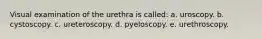 Visual examination of the urethra is called: a. uroscopy. b. cystoscopy. c. ureteroscopy. d. pyeloscopy. e. urethroscopy.