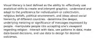 Visual literacy is best defined as the ability to -effectively use analytical skills to create and interpret graphics. -understand and adapt to the preference for individualism or collectivism, religious beliefs, political environment, and ideas about social hierarchy of different countries. -determine the deeper, underlying meaning or significance of messages expressed by people. -manipulate people into accepting one's viewpoint regarding religion. -interact with data, see patterns in data, make data-based decisions, and use data to design for desired outcomes.