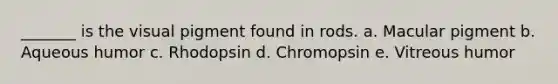 _______ is the visual pigment found in rods. a. Macular pigment b. Aqueous humor c. Rhodopsin d. Chromopsin e. Vitreous humor