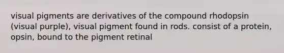 visual pigments are derivatives of the compound rhodopsin (visual purple), visual pigment found in rods. consist of a protein, opsin, bound to the pigment retinal