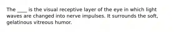 The ____ is the visual receptive layer of the eye in which light waves are changed into nerve impulses. It surrounds the soft, gelatinous vitreous humor.