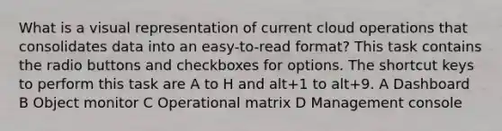 What is a visual representation of current cloud operations that consolidates data into an easy-to-read format? This task contains the radio buttons and checkboxes for options. The shortcut keys to perform this task are A to H and alt+1 to alt+9. A Dashboard B Object monitor C Operational matrix D Management console