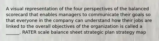 A visual representation of the four perspectives of the balanced scorecard that enables managers to communicate their goals so that everyone in the company can understand how their jobs are linked to the overall objectives of the organization is called a ______. RATER scale balance sheet strategic plan strategy map