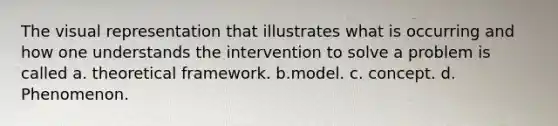 The visual representation that illustrates what is occurring and how one understands the intervention to solve a problem is called a. theoretical framework. b.model. c. concept. d. Phenomenon.