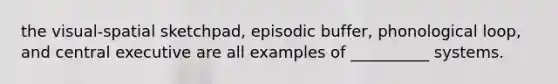 the visual-spatial sketchpad, episodic buffer, phonological loop, and central executive are all examples of __________ systems.