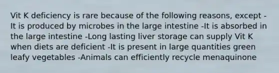 Vit K deficiency is rare because of the following reasons, except -It is produced by microbes in the large intestine -It is absorbed in the large intestine -Long lasting liver storage can supply Vit K when diets are deficient -It is present in large quantities green leafy vegetables -Animals can efficiently recycle menaquinone