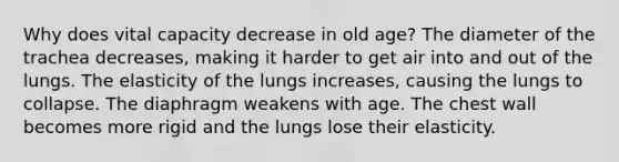 Why does vital capacity decrease in old age? The diameter of the trachea decreases, making it harder to get air into and out of the lungs. The elasticity of the lungs increases, causing the lungs to collapse. The diaphragm weakens with age. The chest wall becomes more rigid and the lungs lose their elasticity.