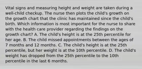 Vital signs and measuring height and weight are taken during a well-child checkup. The nurse then plots the child's growth on the growth chart that the clinic has maintained since the child's birth. Which information is most important for the nurse to share with the health care provider regarding the findings on the growth chart? A. The child's height is at the 25th percentile for her age. B. The child missed appointments between the ages of 7 months and 12 months. C. The child's height is at the 25th percentile, but her weight is at the 10th percentile. D. The child's weight has dropped from the 25th percentile to the 10th percentile in the last 6 months.