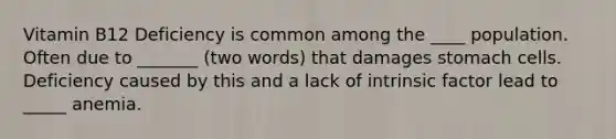 Vitamin B12 Deficiency is common among the ____ population. Often due to _______ (two words) that damages stomach cells. Deficiency caused by this and a lack of intrinsic factor lead to _____ anemia.