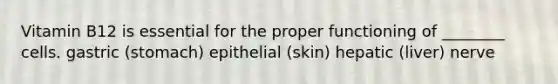 Vitamin B12 is essential for the proper functioning of ________ cells. gastric (stomach) epithelial (skin) hepatic (liver) nerve