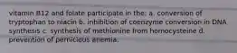 vitamin B12 and folate participate in the: a. conversion of tryptophan to niacin b. inhibition of coenzyme conversion in DNA synthesis c. synthesis of methionine from homocysteine d. prevention of pernicious anemia.