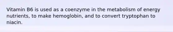 Vitamin B6 is used as a coenzyme in the metabolism of energy nutrients, to make hemoglobin, and to convert tryptophan to niacin.