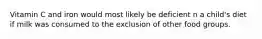 Vitamin C and iron would most likely be deficient n a child's diet if milk was consumed to the exclusion of other food groups.