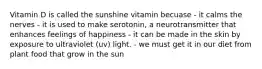 Vitamin D is called the sunshine vitamin becuase - it calms the nerves - it is used to make serotonin, a neurotransmitter that enhances feelings of happiness - it can be made in the skin by exposure to ultraviolet (uv) light. - we must get it in our diet from plant food that grow in the sun