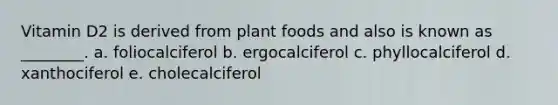 Vitamin D2 is derived from plant foods and also is known as ________. a. foliocalciferol b. ergocalciferol c. phyllocalciferol d. xanthociferol e. cholecalciferol