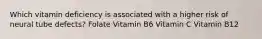 Which vitamin deficiency is associated with a higher risk of neural tube defects? Folate Vitamin B6 Vitamin C Vitamin B12