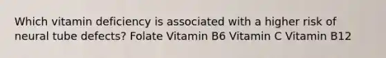 Which vitamin deficiency is associated with a higher risk of neural tube defects? Folate Vitamin B6 Vitamin C Vitamin B12