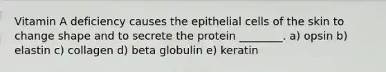 Vitamin A deficiency causes the epithelial cells of the skin to change shape and to secrete the protein ________. a) opsin b) elastin c) collagen d) beta globulin e) keratin