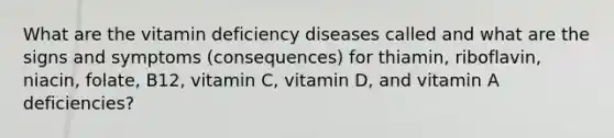 What are the vitamin deficiency diseases called and what are the signs and symptoms (consequences) for thiamin, riboflavin, niacin, folate, B12, vitamin C, vitamin D, and vitamin A deficiencies?