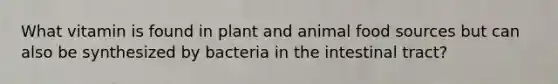 What vitamin is found in plant and animal food sources but can also be synthesized by bacteria in the intestinal tract?