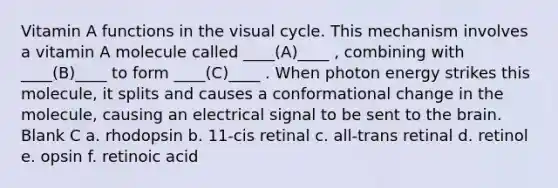 Vitamin A functions in the visual cycle. This mechanism involves a vitamin A molecule called ____(A)____ , combining with ____(B)____ to form ____(C)____ . When photon energy strikes this molecule, it splits and causes a conformational change in the molecule, causing an electrical signal to be sent to the brain. Blank C a. rhodopsin b. 11-cis retinal c. all-trans retinal d. retinol e. opsin f. retinoic acid