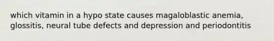 which vitamin in a hypo state causes magaloblastic anemia, glossitis, neural tube defects and depression and periodontitis