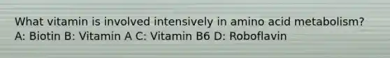 What vitamin is involved intensively in amino acid metabolism? A: Biotin B: Vitamin A C: Vitamin B6 D: Roboflavin