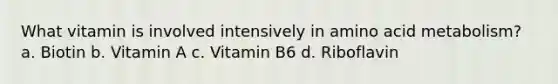 What vitamin is involved intensively in amino acid metabolism? a. Biotin b. Vitamin A c. Vitamin B6 d. Riboflavin