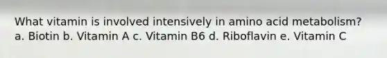 What vitamin is involved intensively in amino acid metabolism? a. Biotin b. Vitamin A c. Vitamin B6 d. Riboflavin e. Vitamin C