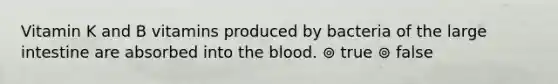 Vitamin K and B vitamins produced by bacteria of the <a href='https://www.questionai.com/knowledge/kGQjby07OK-large-intestine' class='anchor-knowledge'>large intestine</a> are absorbed into <a href='https://www.questionai.com/knowledge/k7oXMfj7lk-the-blood' class='anchor-knowledge'>the blood</a>. ⊚ true ⊚ false