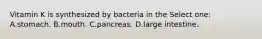 Vitamin K is synthesized by bacteria in the Select one: A.stomach. B.mouth. C.pancreas. D.large intestine.