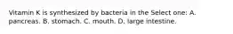 Vitamin K is synthesized by bacteria in the Select one: A. pancreas. B. stomach. C. mouth. D. large intestine.