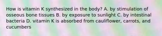 How is vitamin K synthesized in the​ body? A. by stimulation of osseous bone tissues B. by exposure to sunlight C. by intestinal bacteria D. vitamin K is absorbed from​ cauliflower, carrots, and cucumbers