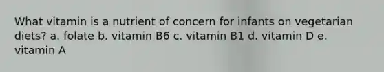 What vitamin is a nutrient of concern for infants on vegetarian diets? a. folate b. vitamin B6 c. vitamin B1 d. vitamin D e. vitamin A