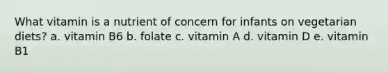 What vitamin is a nutrient of concern for infants on vegetarian diets? a. vitamin B6 b. folate c. vitamin A d. vitamin D e. vitamin B1