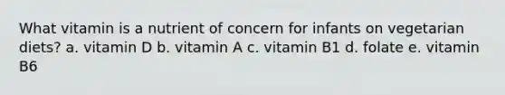 What vitamin is a nutrient of concern for infants on vegetarian diets? a. vitamin D b. vitamin A c. vitamin B1 d. folate e. vitamin B6