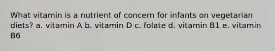 What vitamin is a nutrient of concern for infants on vegetarian diets? a. vitamin A b. vitamin D c. folate d. vitamin B1 e. vitamin B6