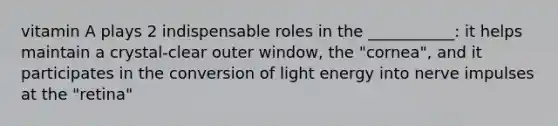 vitamin A plays 2 indispensable roles in the ___________: it helps maintain a crystal-clear outer window, the "cornea", and it participates in the conversion of light energy into nerve impulses at the "retina"