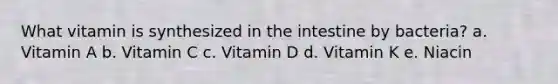 What vitamin is synthesized in the intestine by bacteria? a. Vitamin A b. Vitamin C c. Vitamin D d. Vitamin K e. Niacin